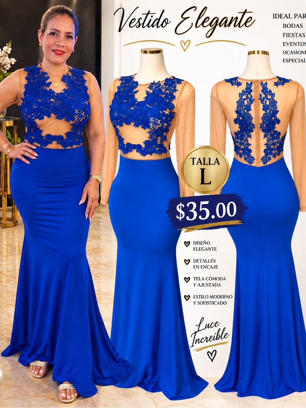Elegant Royal Blue Lace Appliqué Maxi Dress - Brand: